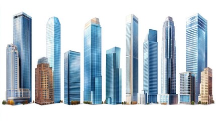 Fototapeta premium A row of modern high-rise buildings with a white background.