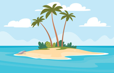 Tropical island in the ocean sea. Exotic natural landscape. Summer vacation. Vector illustration