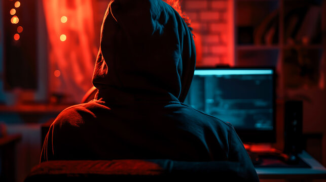 Back view of hacker in hoodie using computer committing digital cybercrime in dark room