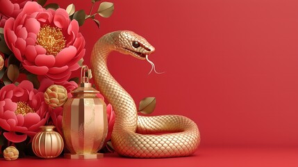 Fototapeta premium Vibrant Red and Gold Chinese Zodiac Snake with Lanterns and Flowers for 2025 New Year Celebration Banner Design