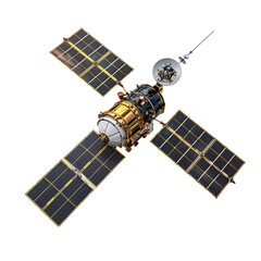 Angled view of a deep space satellite isolated on a white transparent background.