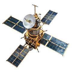 Angled view of a geostationary satellite isolated on a white transparent background.