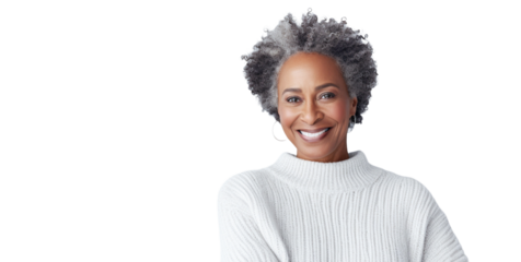 Smiling 50 year old African American woman in white sweater standing in front of a transparent background.