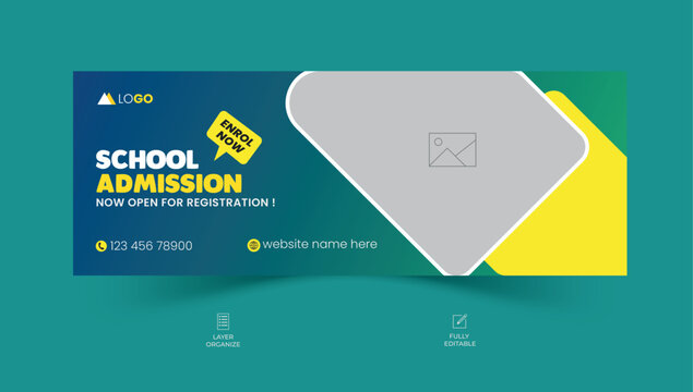 School admission facebook cover design, back-to-school social media banner, online education banner ads template.	
