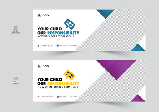 School admission facebook cover design set, back-to-school social media banner, online education banner ads template.	