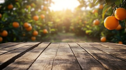Rustic wooden table top with blurred background of the orange fruit plantation farm in summer sun. Generative ai