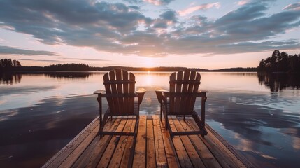 Naklejka premium Sunset over a tranquil lake with two chairs on a dock
