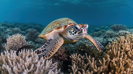 Green sea turtle swimming over coral reef in clear blue water.