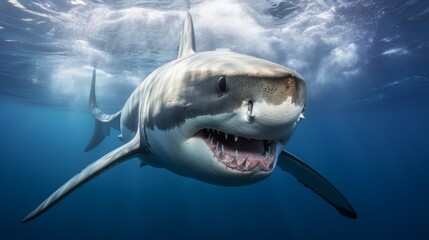Ocean shark bottom view from below. Open toothy dangerous mouth with many teeth. Neural network ai generated art