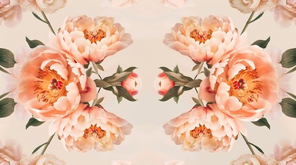 A symmetrical floral design with soft pastel peonies arranged in a mirrored pattern, with subtle brushstrokes creating a gentle flow across a light beige background. 8k UHD, suitable for high-quality 