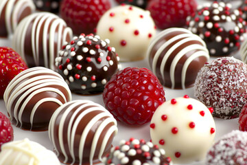 Fototapeta premium A close up of a variety of chocolate and raspberry flavored candies. The candies are arranged in a way that highlights their different colors and textures. Concept of indulgence and sweetness