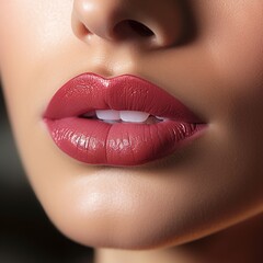 Fototapeta premium Close up of lips with soft rendezvous deep plum brown lipstick, showcasing smooth texture, bold elegance, and beauty, perfect for makeup and cosmetic designs