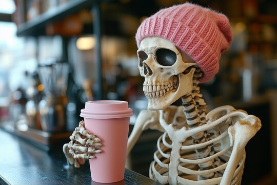 skeleton with a pink beanie drinking coffee from a pink cup 