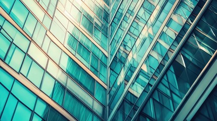 Abstract geometric pattern of teal glass windows on a modern building.