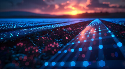 Futuristic Visualization of Advanced Powered Renewable Energy Grid Monitoring in Sleek Blue Sci Fi Landscape