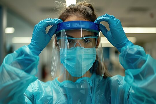 A female healthcare worker adjusts her face shield and protective mask in a hospital corridor.