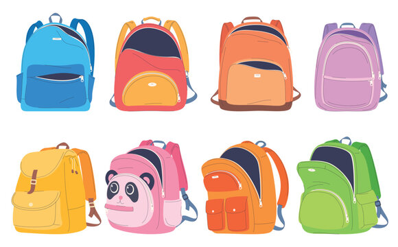 Set of school backpacks. Children briefcases for carrying school supplies. Vector illustration