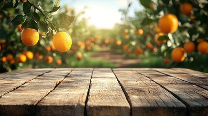 Rustic wooden table top with blurred background of the orange fruit plantation farm in summer sun. Generative ai