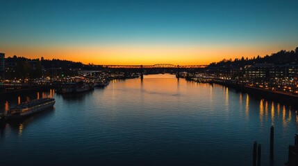 A serene sunset over a river, reflecting city lights and a bridge in the background.