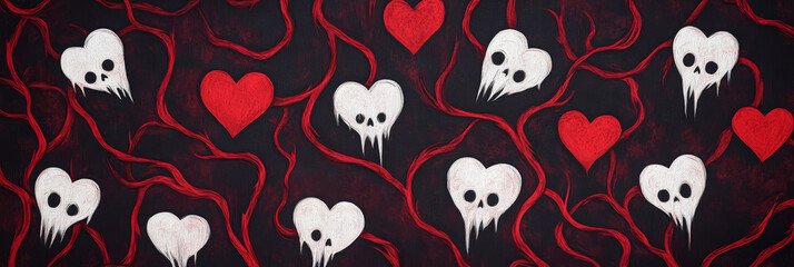 Dark charcoal and maroon background with ghostly heart shapes and twisted vines perfect for a spooky anti Valentines Day aesthetic 