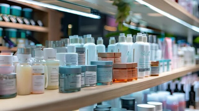 A beauty salon with various cosmetic products displayed, highlighting the beauty industry