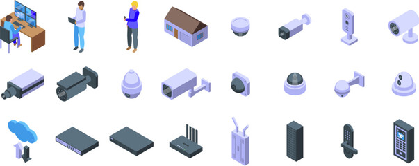 Video surveillance system icons set. Security system protecting building using modern technologies, cctv control service monitoring surveillance cameras