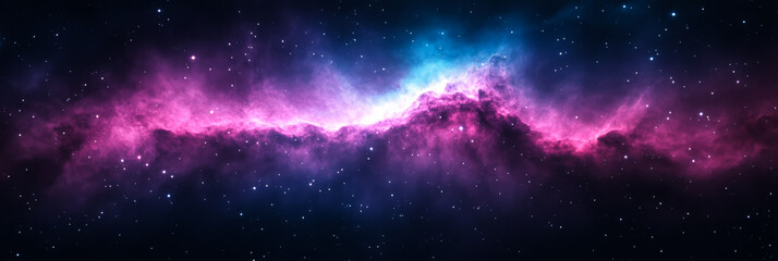 Fototapeta premium Dark space scene with a vibrant purple and pink nebula stretching across and tiny distant stars shimmering in the void cosmic beauty concept 