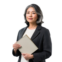 Fototapeta premium Mature businesswoman with gray hair holding tablet, executive appearance, isolated on transparent background, ideal for corporate and technology themes