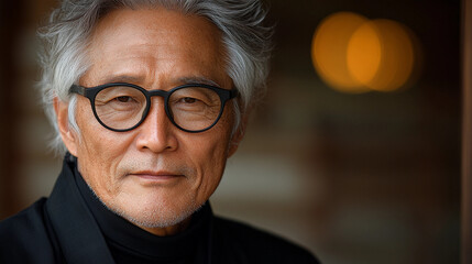 Obraz premium An older man stands quietly, wearing stylish glasses, as warm light flows softly behind him, creating an inviting atmosphere