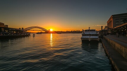 A serene sunset view over water with a bridge in the background.