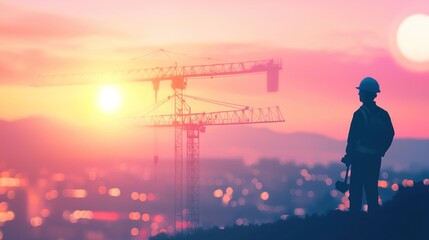 Silhouette Engineer Ensuring Safety on High Ground at Sunset - Heavy Industry and Work Safety Concept