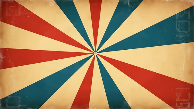 Retro starburst sunburst background pattern and grunge textured vintage color palette of orange red beige peach and blue in spiral or swirled radial striped