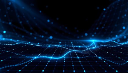 Fototapeta premium A futuristic digital data with a glowing blue sphere and a network of interconnected lines and points, representing a global communication or technology concept, set against a dark blue starry ba
