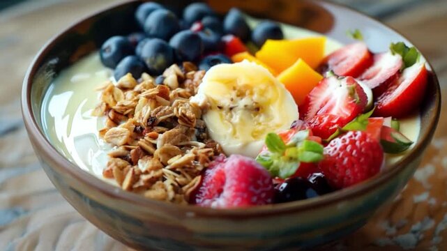 A bowl of granola with yogurt and fresh fruits, symbolizing a healthy and delicious meal.