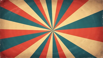 Retro starburst sunburst background pattern and grunge textured vintage color palette of orange red beige peach and blue in spiral or swirled radial striped