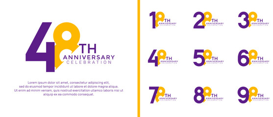 anniversary logo style set with purple and yellow color can be use for celebration moment
