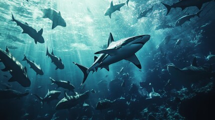 Underwater scene featuring various sharks swimming in the ocean.
