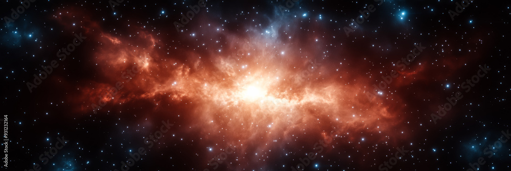 Wall mural shadowy outer space with hints of a bright crimson and gold nebula faintly glowing in the distance s
