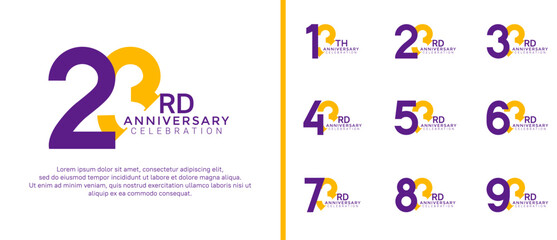 anniversary logo style set with purple and yellow color can be use for celebration moment