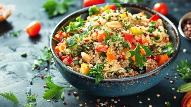 A bowl of quinoa salad with fresh vegetables, symbolizing a healthy and delicious meal