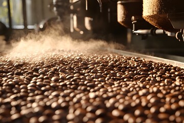 An old steel coffee grinder in action at a vintage factory