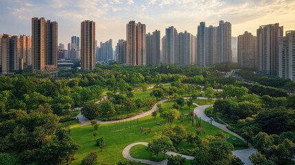 A serene urban park surrounded by tall buildings during sunset.