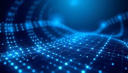 A futuristic, abstract background with a grid of glowing blue lines and dots, creating a sense of depth and technology