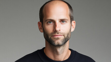 Fototapeta premium A man stands still, showcasing a calm expression with short hair and a well-groomed beard against a simple backdrop