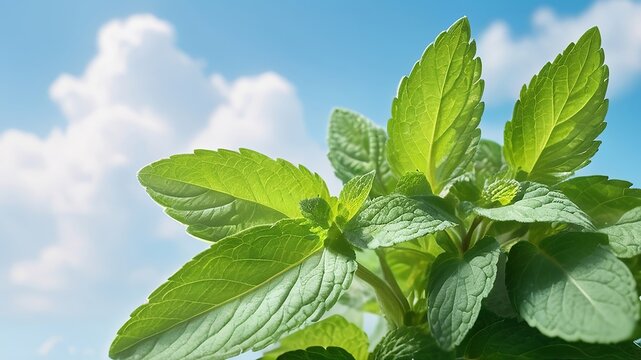A cool breeze gently rustles fresh mint leaves against a pale blue sky, creating a refreshing and invigorating atmosphere for cooling or respiratory health products. Made with generative AI technology