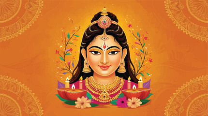 A vibrant and colorful digital illustration of Ma Durga's serene face, set against a warm, golden background.