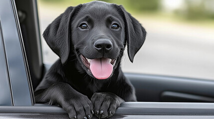 A joyful black Labrador stretches its head out of a car window, soaking in the sunlight and fresh...