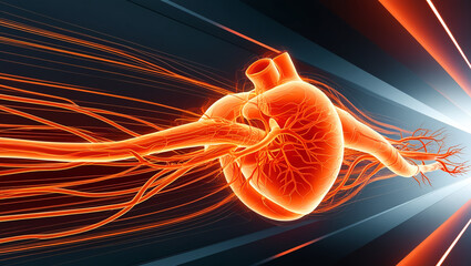 Dynamic digital representation of the human cardiovascular system with glowing orange details which is a high-tech medical visualization.by sanum