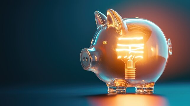 Green electic electric bulb piggy bank on neutral studio background as energy saving concept poster or banner
