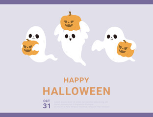 Halloween hand drawn  illustration poster with ghosts holding pumpkins.
